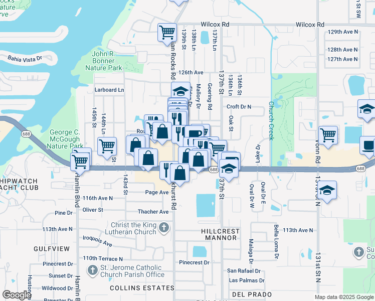 map of restaurants, bars, coffee shops, grocery stores, and more near 13845 Walsingham Road in Largo