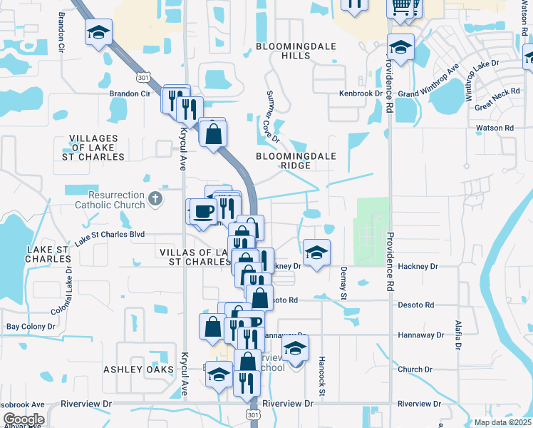 map of restaurants, bars, coffee shops, grocery stores, and more near 6829 Dartmouth Hill Street in Riverview