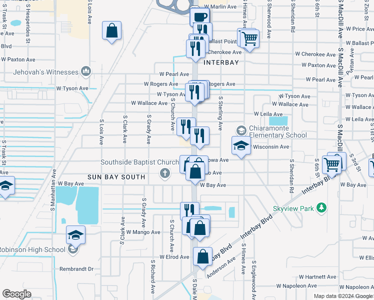 map of restaurants, bars, coffee shops, grocery stores, and more near 3811 West Wisconsin Avenue in Tampa