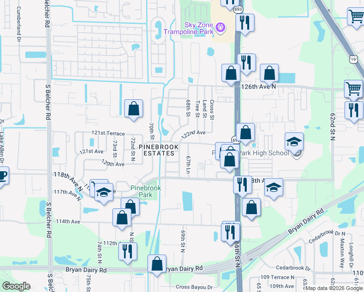 map of restaurants, bars, coffee shops, grocery stores, and more near 12081 68th Street in Largo