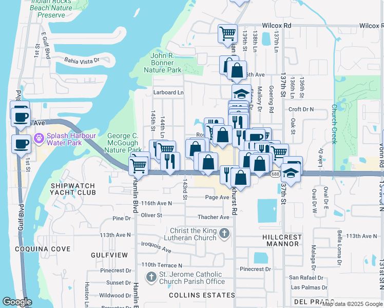 map of restaurants, bars, coffee shops, grocery stores, and more near 11945 143rd Street in Largo