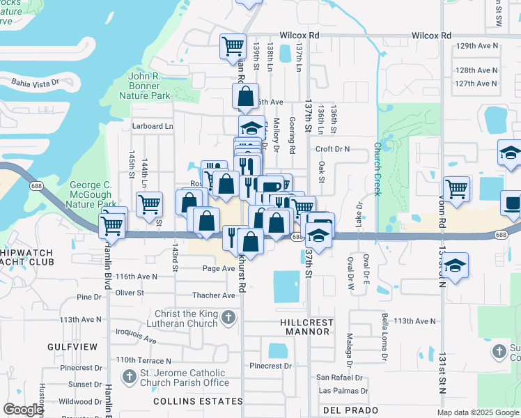 map of restaurants, bars, coffee shops, grocery stores, and more near 13845 Walsingham Road in Largo