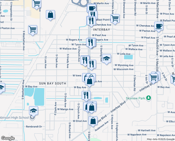 map of restaurants, bars, coffee shops, grocery stores, and more near 5901 South Dale Mabry Highway in Tampa