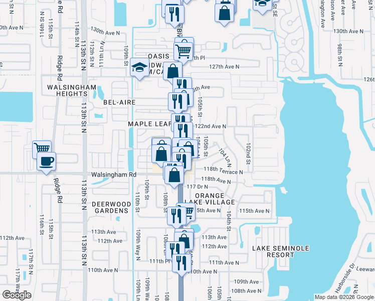 map of restaurants, bars, coffee shops, grocery stores, and more near 11982 106th Street in Largo