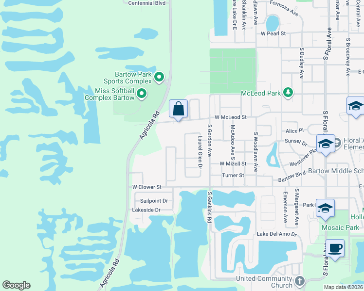 map of restaurants, bars, coffee shops, grocery stores, and more near 1368 Laurel Glen Drive in Bartow