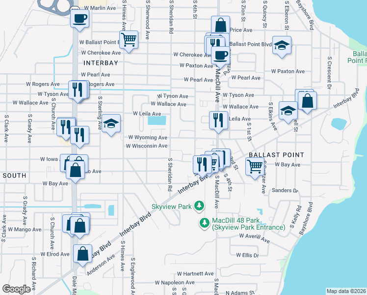 map of restaurants, bars, coffee shops, grocery stores, and more near 3215 Park Green Drive in Tampa