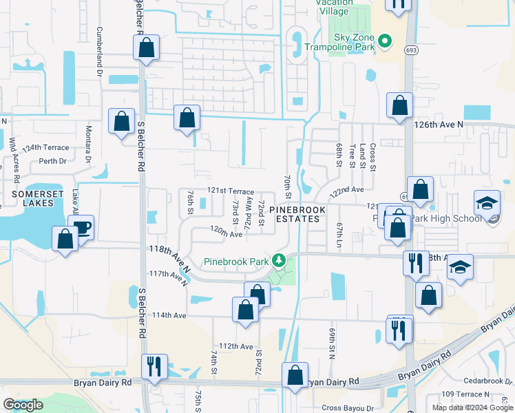 map of restaurants, bars, coffee shops, grocery stores, and more near 12106 72nd Street in Largo