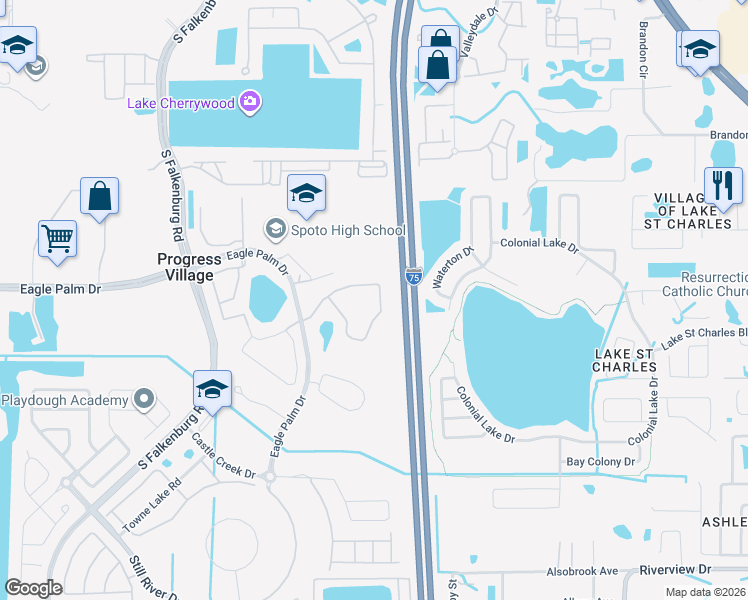 map of restaurants, bars, coffee shops, grocery stores, and more near 8921 Moonlit Meadows Loop in Riverview