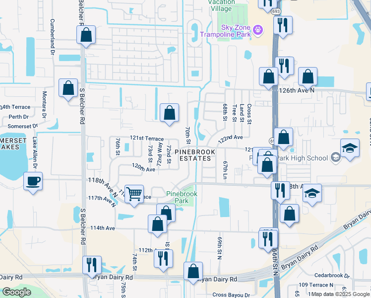 map of restaurants, bars, coffee shops, grocery stores, and more near 12090 70th Street in Largo