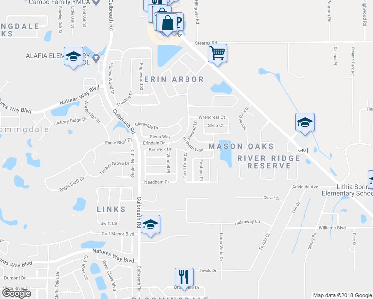 map of restaurants, bars, coffee shops, grocery stores, and more near 2416 Kenwick Drive in Valrico
