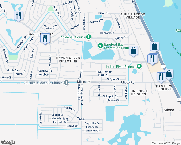 map of restaurants, bars, coffee shops, grocery stores, and more near 623 Royal Tern Drive in Sebastian