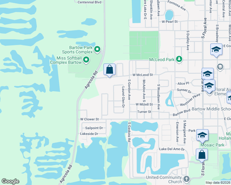 map of restaurants, bars, coffee shops, grocery stores, and more near 1368 Laurel Glen Drive in Bartow
