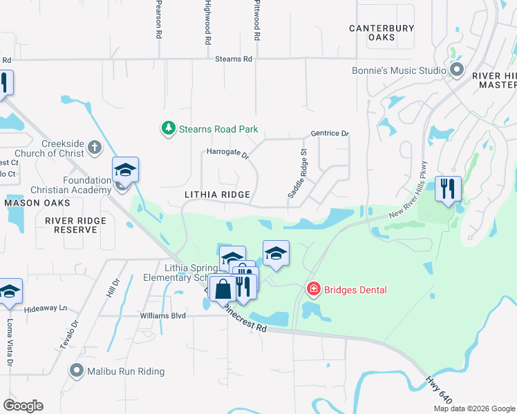 map of restaurants, bars, coffee shops, grocery stores, and more near 3911 Lithia Ridge Boulevard in Valrico