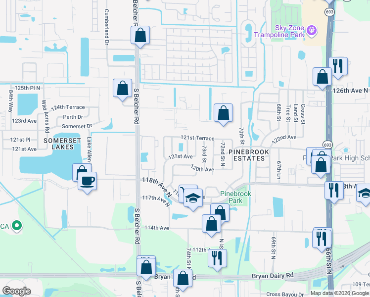 map of restaurants, bars, coffee shops, grocery stores, and more near 12140 75th Street in Largo