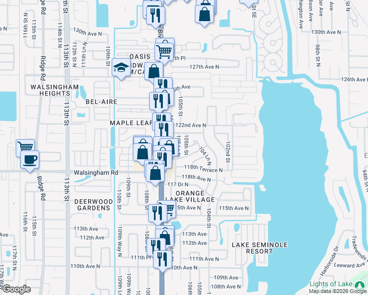 map of restaurants, bars, coffee shops, grocery stores, and more near 12006 105th Street in Largo