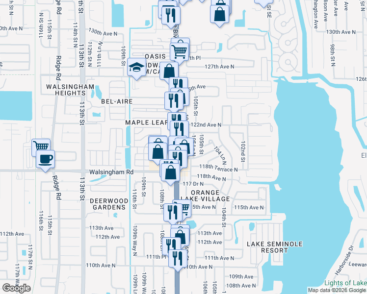 map of restaurants, bars, coffee shops, grocery stores, and more near 12014 106th Street in Largo