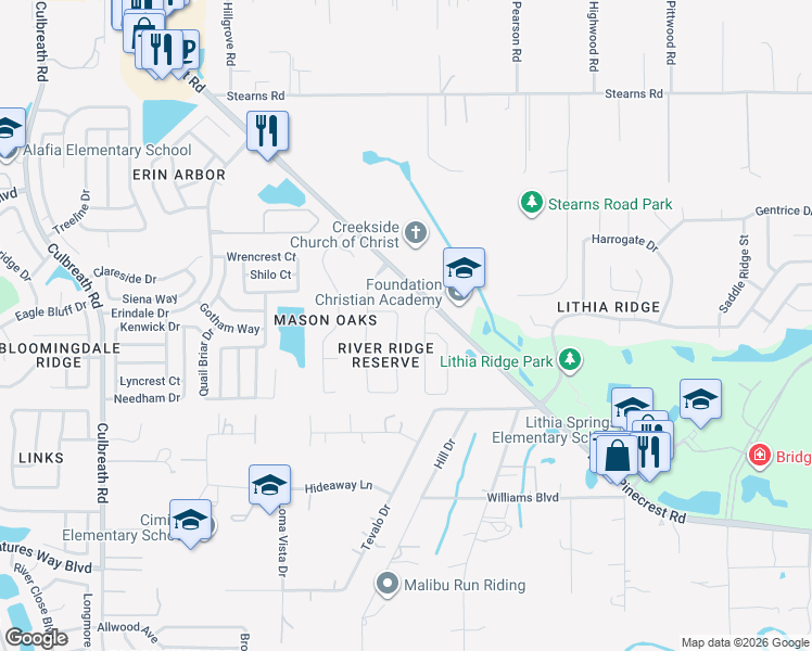 map of restaurants, bars, coffee shops, grocery stores, and more near 2514 Regal River Road in Valrico