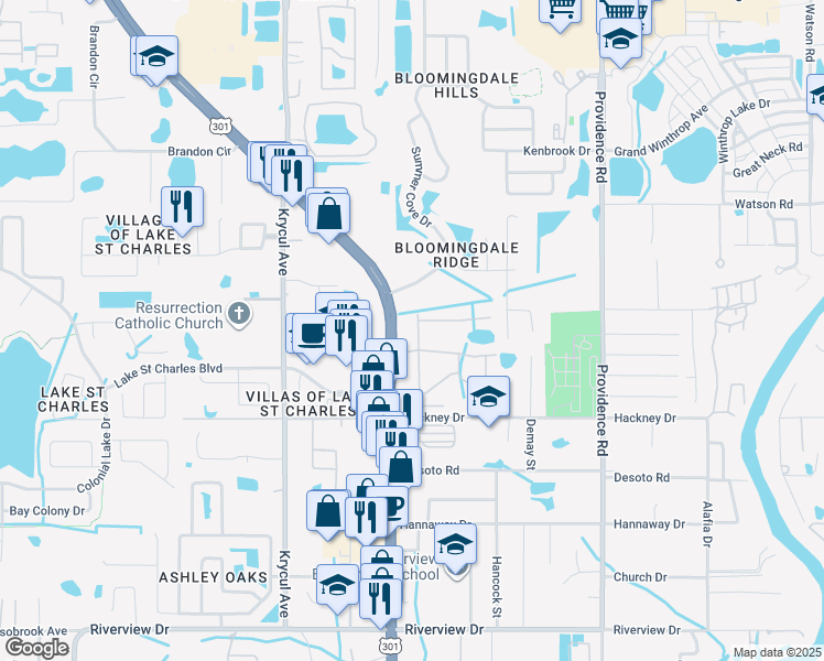 map of restaurants, bars, coffee shops, grocery stores, and more near 6829 Dartmouth Hill Street in Riverview