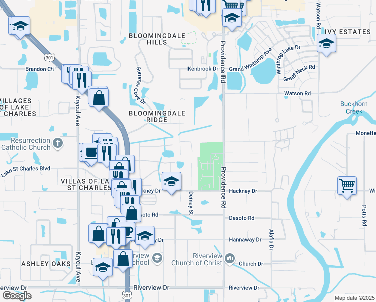 map of restaurants, bars, coffee shops, grocery stores, and more near 6927 Summer Harbor Lane in Riverview