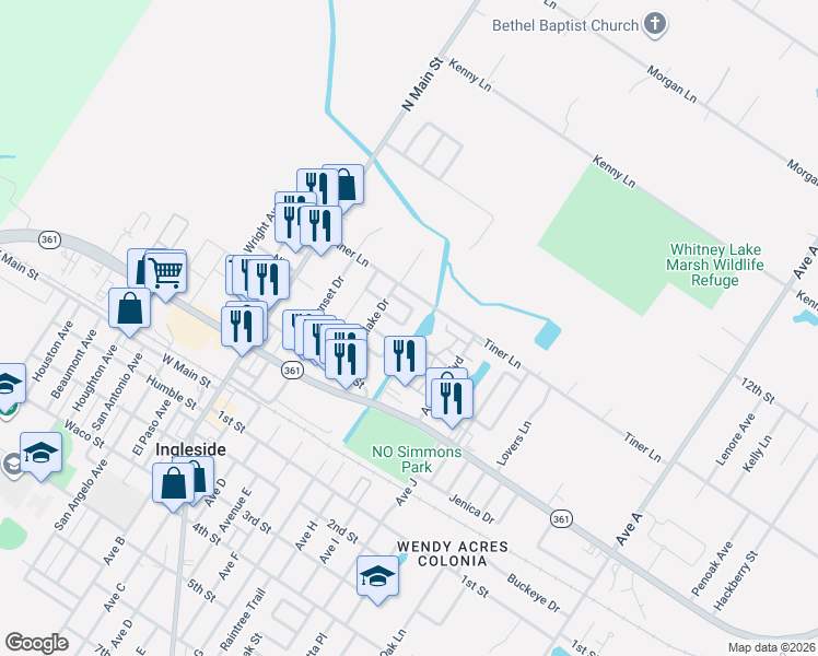 map of restaurants, bars, coffee shops, grocery stores, and more near 2414 Westlake Circle South in Ingleside
