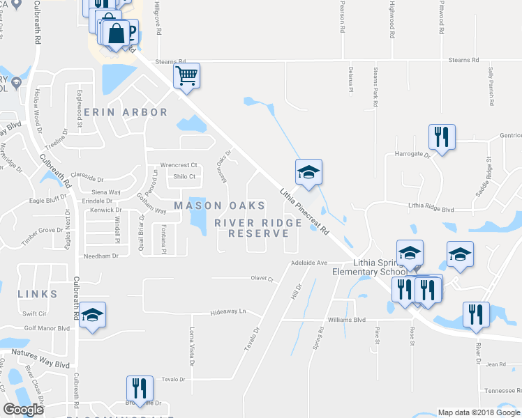 map of restaurants, bars, coffee shops, grocery stores, and more near 2514 Regal River Road in Valrico