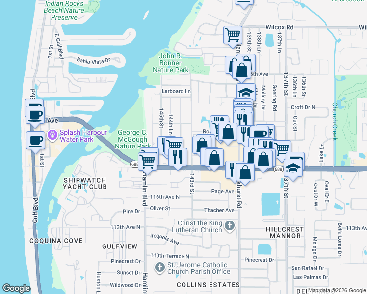 map of restaurants, bars, coffee shops, grocery stores, and more near 11985 144th Street in Largo