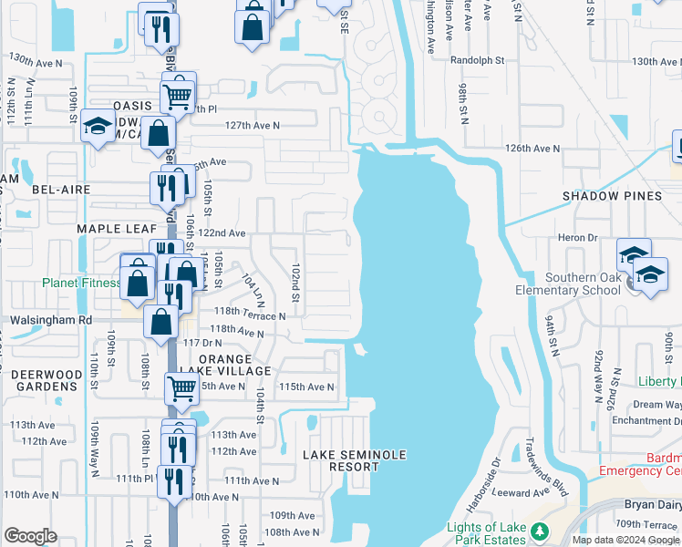 map of restaurants, bars, coffee shops, grocery stores, and more near 10200 122nd Avenue in Largo