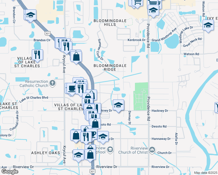 map of restaurants, bars, coffee shops, grocery stores, and more near 6800 Dartmouth Hill Street in Riverview