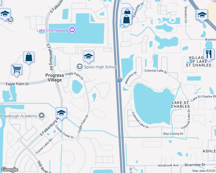 map of restaurants, bars, coffee shops, grocery stores, and more near 8917 Moonlit Meadows Loop in Riverview