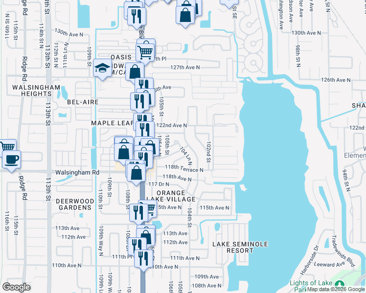 map of restaurants, bars, coffee shops, grocery stores, and more near 11903 104 Lane North in Largo