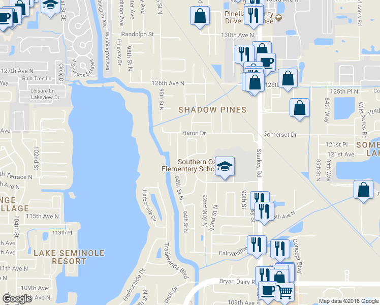 map of restaurants, bars, coffee shops, grocery stores, and more near 12025 93rd Way North in Largo