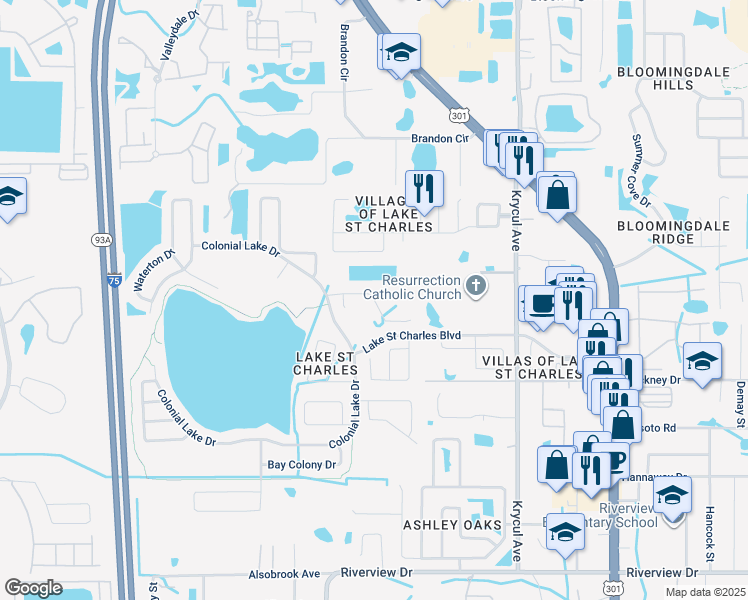 map of restaurants, bars, coffee shops, grocery stores, and more near 6899 Forest Point Way in Riverview