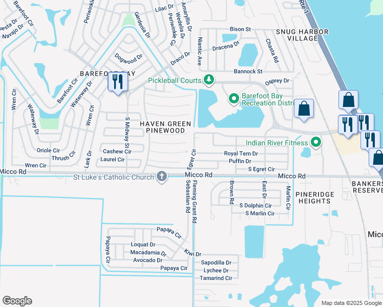 map of restaurants, bars, coffee shops, grocery stores, and more near 641 Royal Tern Drive in Sebastian