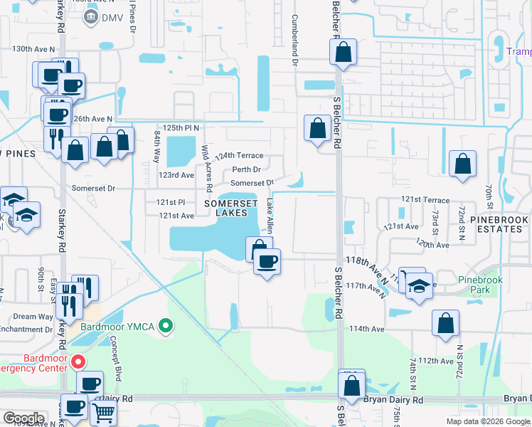 map of restaurants, bars, coffee shops, grocery stores, and more near 12042 Lake Allen Drive in Largo