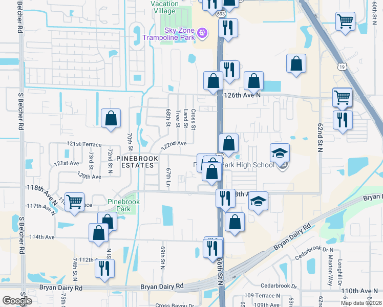 map of restaurants, bars, coffee shops, grocery stores, and more near 6721 121st Avenue in Largo