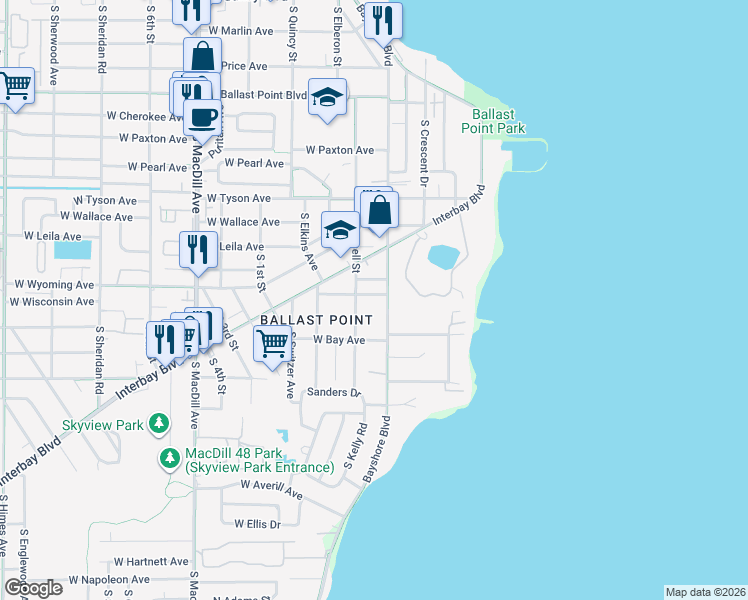 map of restaurants, bars, coffee shops, grocery stores, and more near 2608 West Wyoming Avenue in Tampa