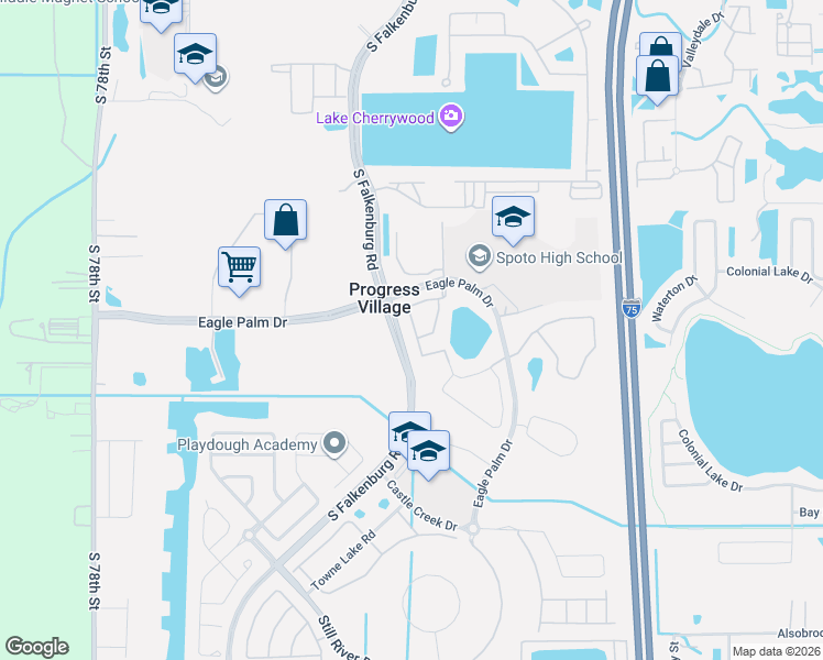 map of restaurants, bars, coffee shops, grocery stores, and more near 6733 Eagle Feather Drive in Riverview