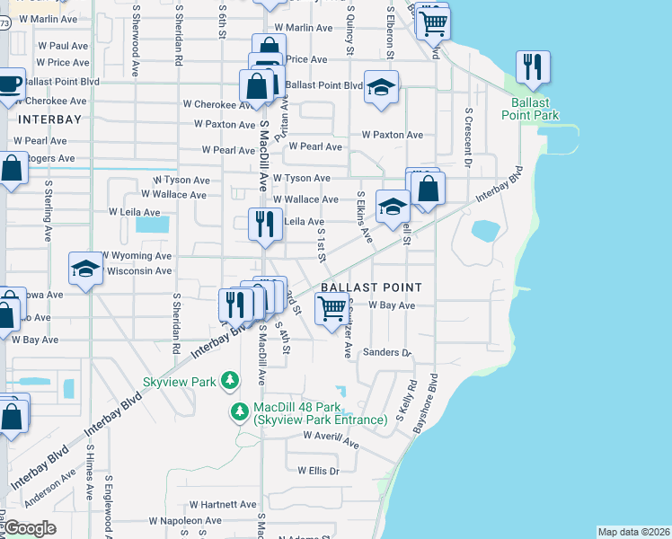 map of restaurants, bars, coffee shops, grocery stores, and more near 5813 South 1st Street in Tampa