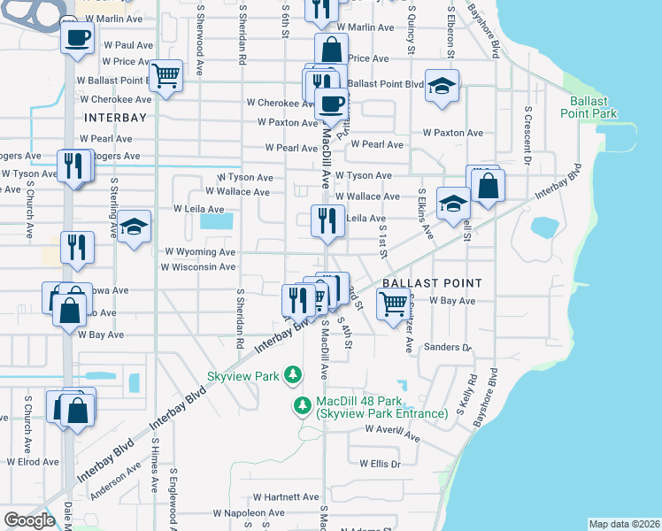 map of restaurants, bars, coffee shops, grocery stores, and more near 5802 South MacDill Avenue in Tampa