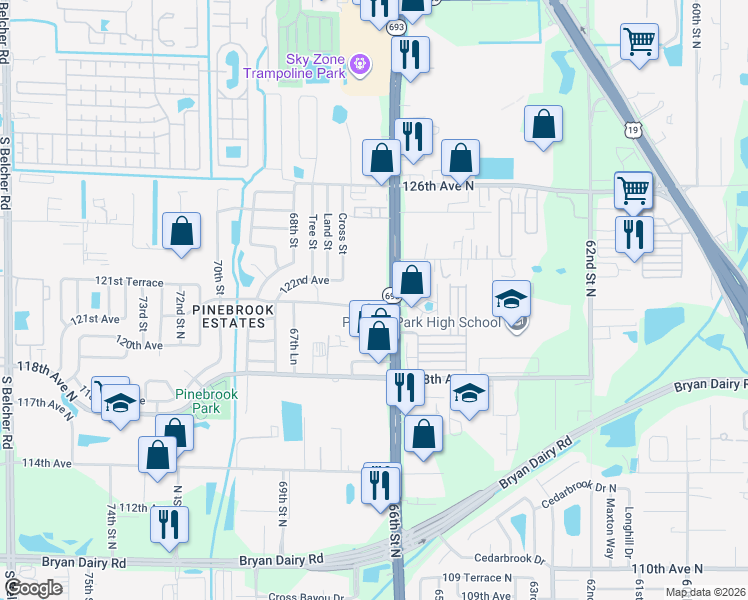 map of restaurants, bars, coffee shops, grocery stores, and more near 6601 121st Avenue in Largo