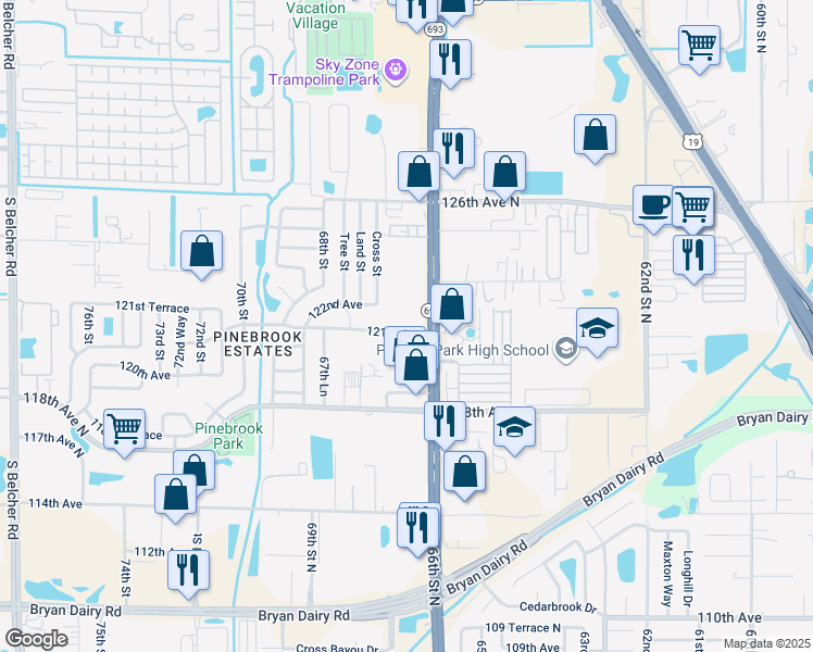 map of restaurants, bars, coffee shops, grocery stores, and more near 6601 121st Avenue in Largo