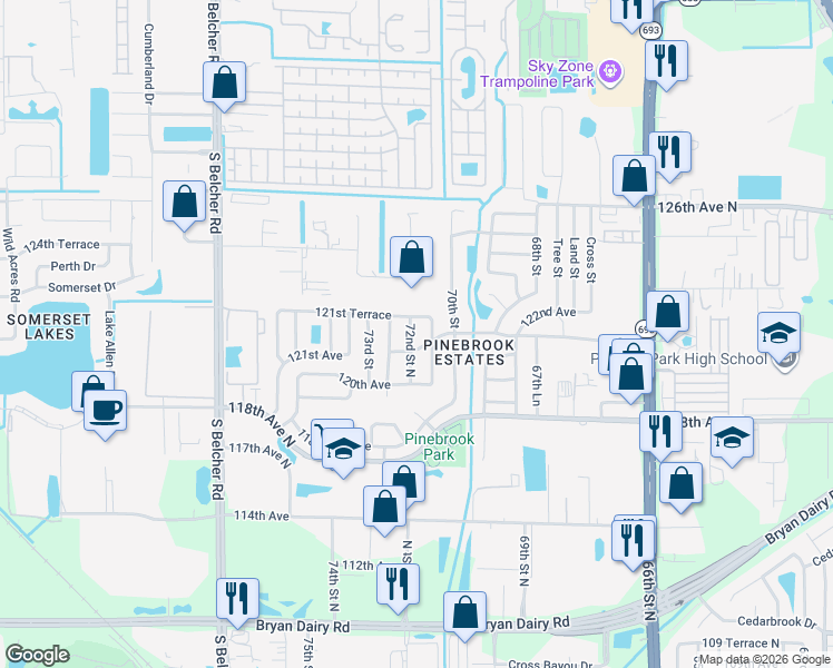 map of restaurants, bars, coffee shops, grocery stores, and more near 12106 72nd Street in Largo