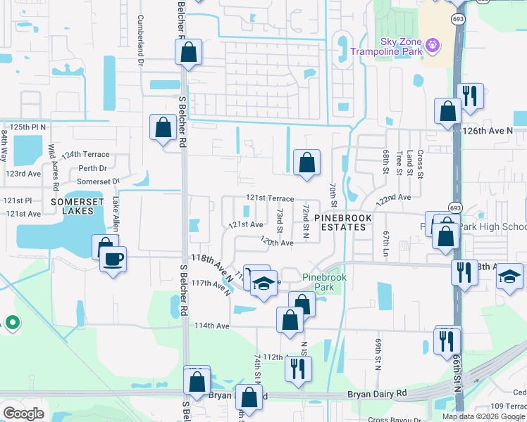 map of restaurants, bars, coffee shops, grocery stores, and more near 12140 75th Street in Largo