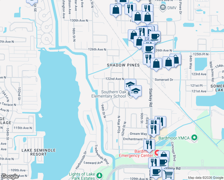 map of restaurants, bars, coffee shops, grocery stores, and more near 12025 93rd Way North in Largo