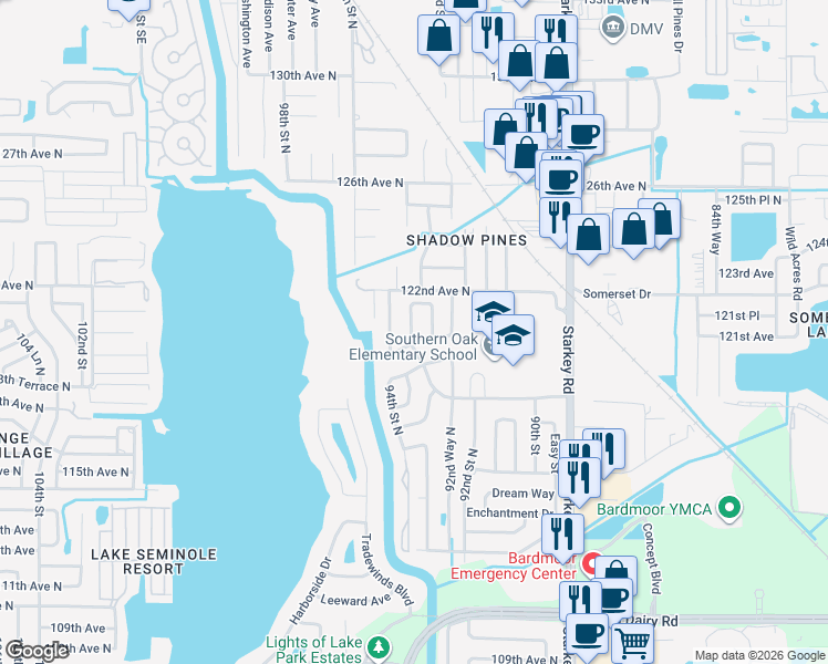 map of restaurants, bars, coffee shops, grocery stores, and more near 12025 93rd Way North in Largo