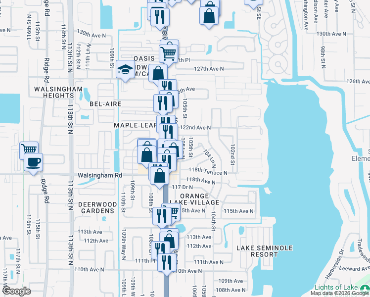 map of restaurants, bars, coffee shops, grocery stores, and more near 12006 105th Street in Largo