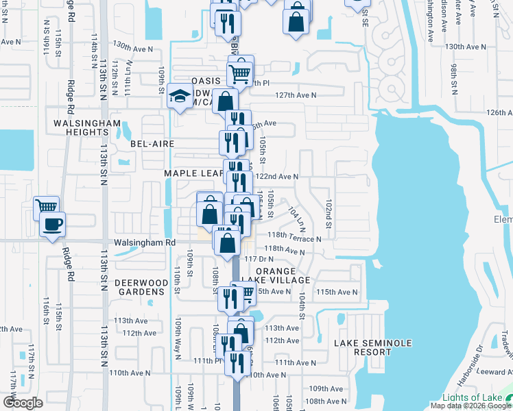 map of restaurants, bars, coffee shops, grocery stores, and more near 12014 106th Street in Largo