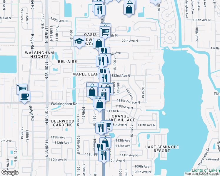 map of restaurants, bars, coffee shops, grocery stores, and more near 12014 106th Street in Largo