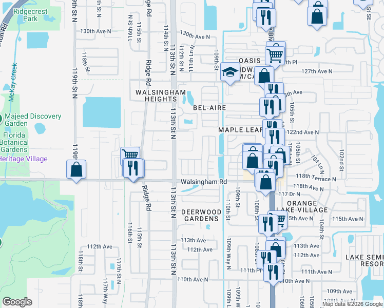 map of restaurants, bars, coffee shops, grocery stores, and more near 11200 120th Terrace North in Seminole