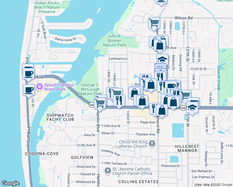 map of restaurants, bars, coffee shops, grocery stores, and more near 11985 144th Street in Largo
